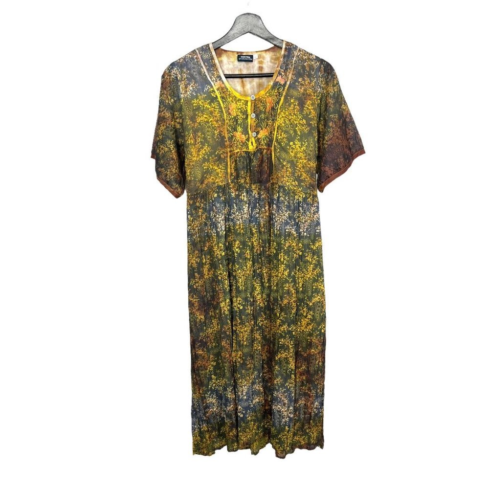 Vintage 90s Dyed Floral Print Short Sleeve Midi Dress Large